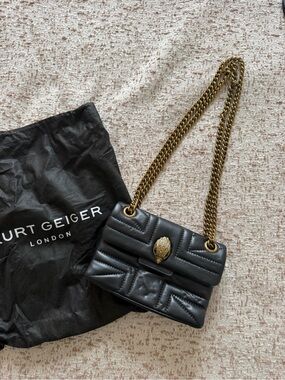 Kurt Geiger Black Quilted Leather Shoulder Bag with Gold Chain